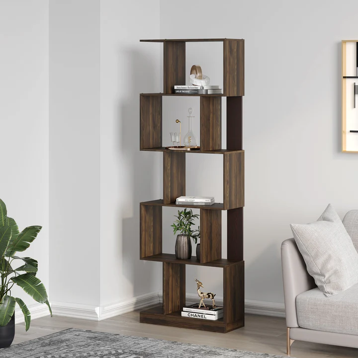 Wooden Zigzag Bookshelf - Modern Open Display Rack, product view 1