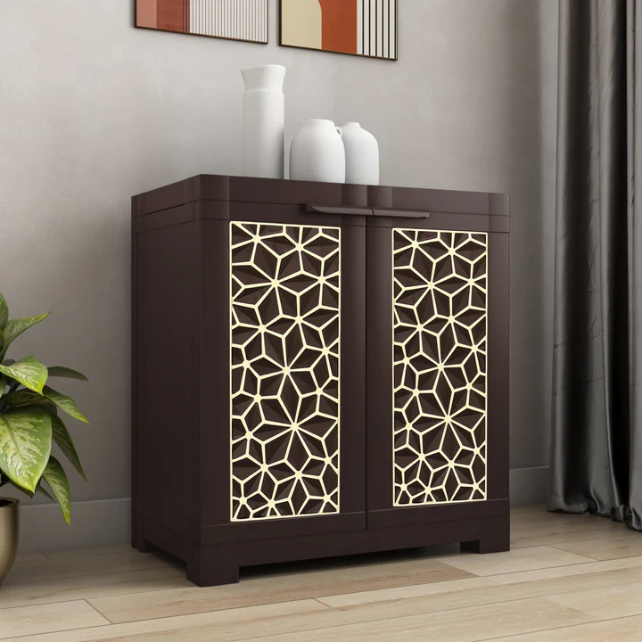 Compact 2 Door Storage Cabinet with Designer Panels (Brown Finish), product view 1