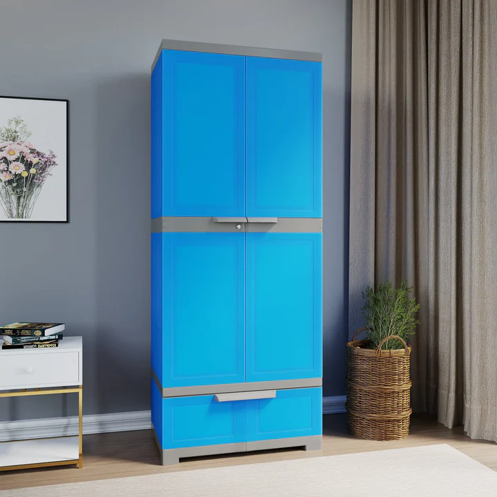 Freedom Double Door Plastic Wardrobe with Drawer - Blue & Grey Storage Cabinet, product view 1