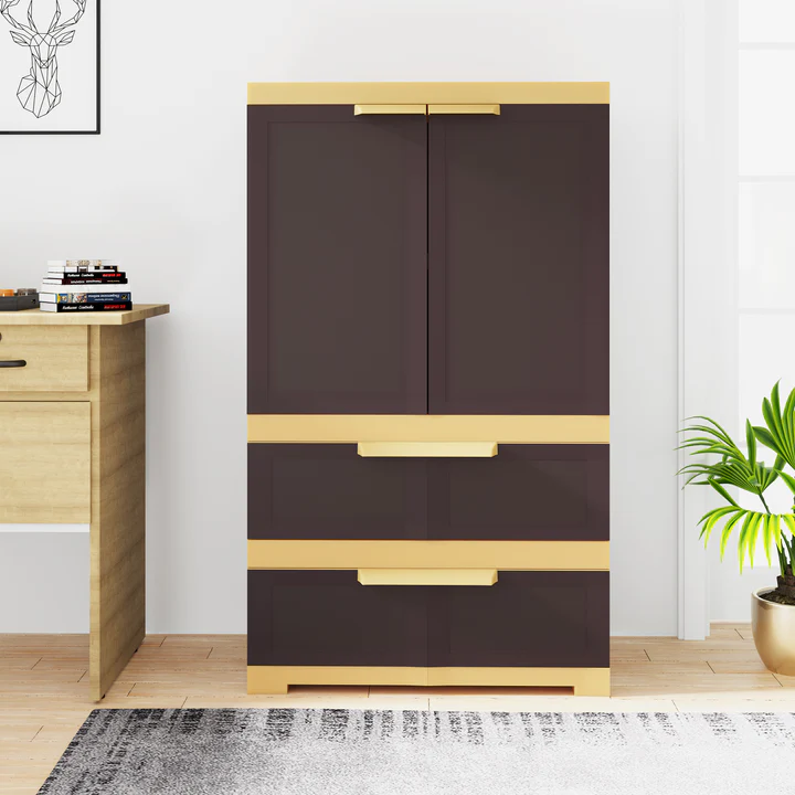 Freedom Double Door Plastic Wardrobe with Drawers - Multi-Storage Cabinet (Brown & Beige), product view 1