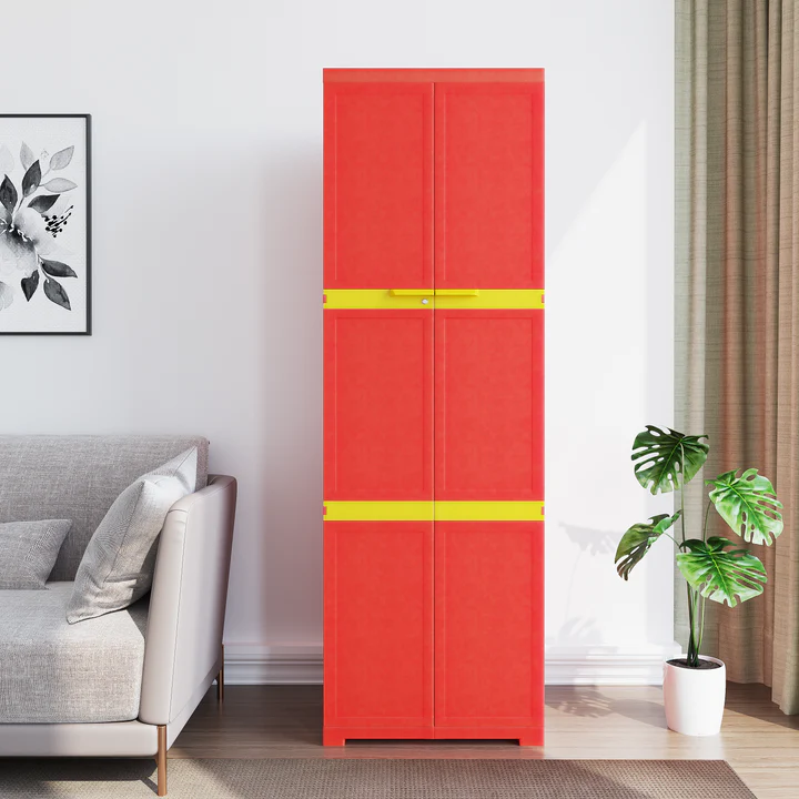 Freedom Plastic Wardrobe - 4 Door Storage Cabinet (Red & Yellow), product view 1
