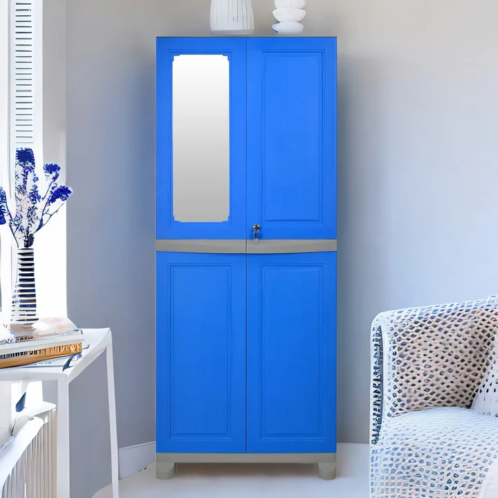 Modern 4 Door Storage Cabinet with Mirror Panel (Blue Finish), product view 1