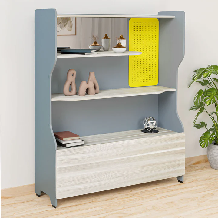 Modern Open Display Storage Unit (Grey & Wood Finish with Yellow Accent), product view 1