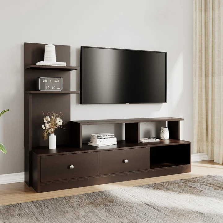 Modern TV Unit with Side Shelf - Wooden TV Cabinet with Drawers, product view 1