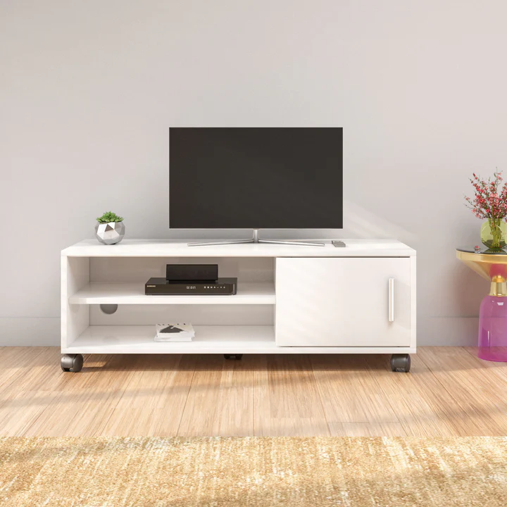 Modern White TV Unit - Low Height TV Cabinet with Storage, product view 1