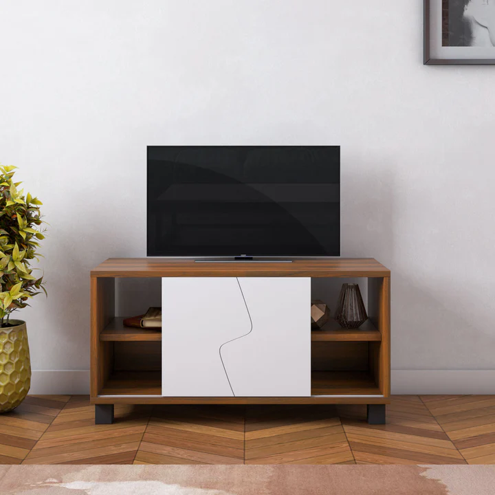 Wooden TV Unit - Walnut & White Low Height TV Cabinet, product view 1