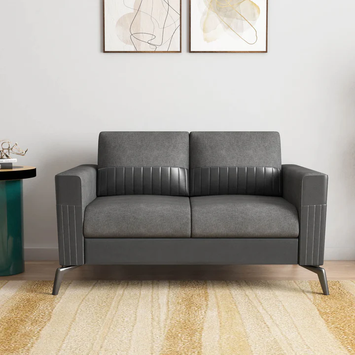 2 Seater Modern Sofa - Grey Fabric & Leatherette Designer Sofa, product view 1