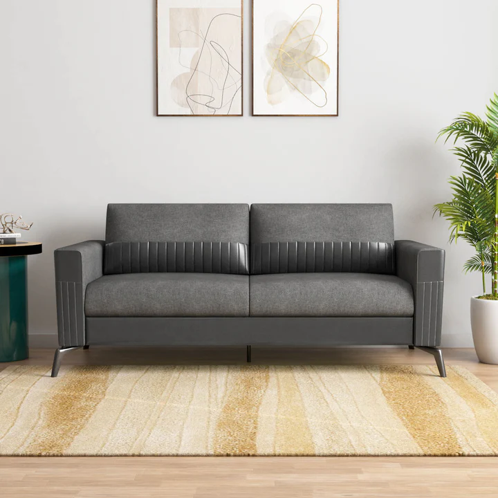 3 Seater Modern Sofa - Grey Fabric & Leatherette Designer Sofa, product view 1