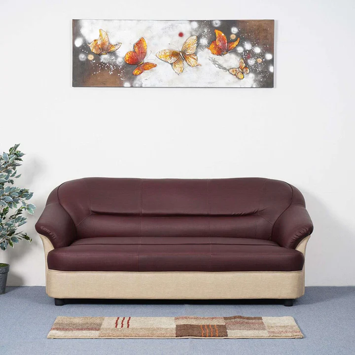 3 Seater Sofa - Maroon & Beige Leatherette Designer Sofa, product view 1