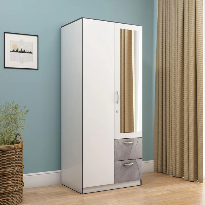 2 Door White Wardrobe with Mirror & Drawers - Compact Wooden Almirah, product view 1