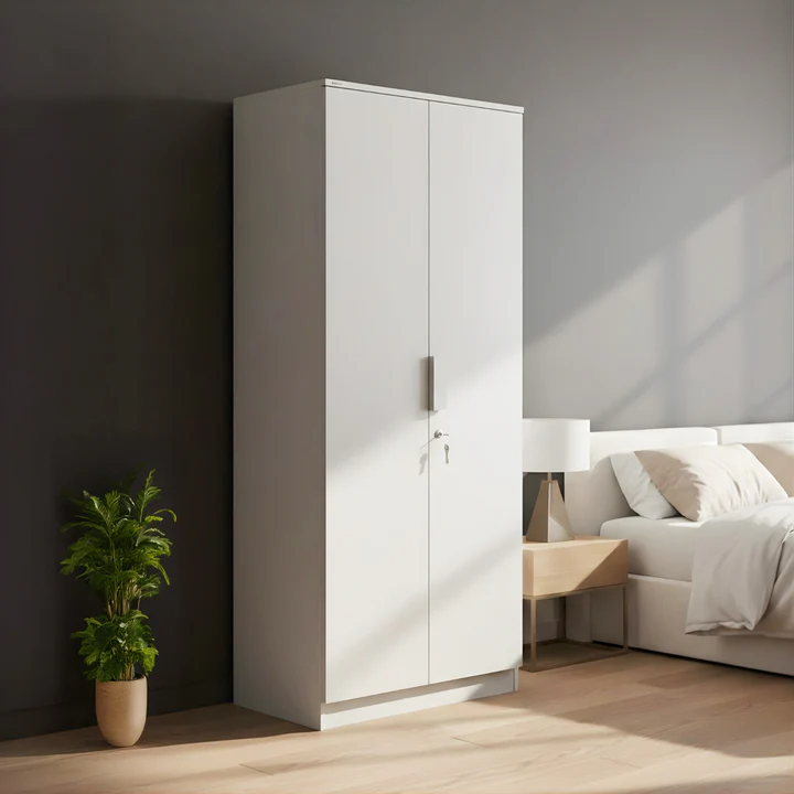 2 Door White Wooden Wardrobe - Modern Bedroom Almirah with Lock, product view 1