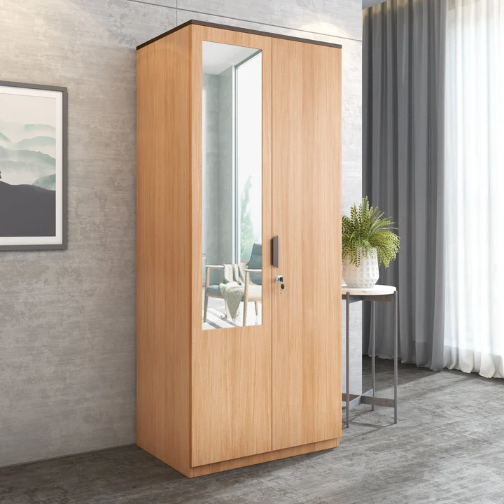 2 Door Wooden Wardrobe with Mirror - Compact Bedroom Almirah, product view 1