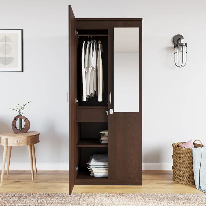 2 Door Wooden Wardrobe with Mirror & Drawer - Compact Bedroom Almirah, product view 1