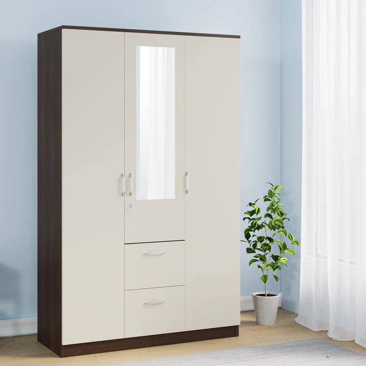 3 Door Wardrobe with Mirror & Drawers - Wooden Bedroom Almirah, product view 1