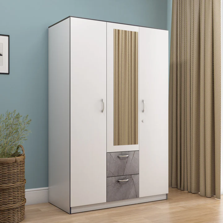 3 Door White Wardrobe with Mirror & Drawers - Modern Wooden Almirah, product view 1