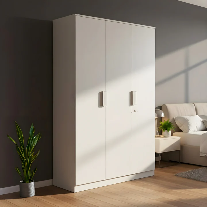 3 Door White Wooden Wardrobe - Modern Bedroom Almirah with Lock, product view 1