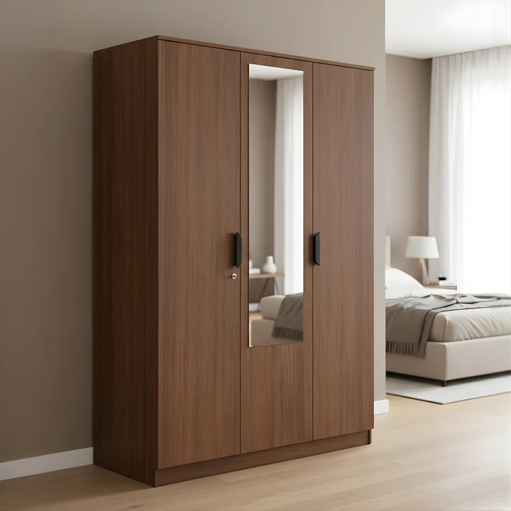 3 Door Wooden Wardrobe with Mirror - Modern Bedroom Almirah, product view 1