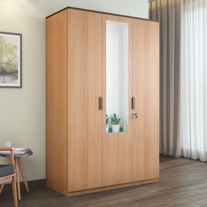 3 Door Wooden Wardrobe with Mirror - Modern Bedroom Almirah, product view 1