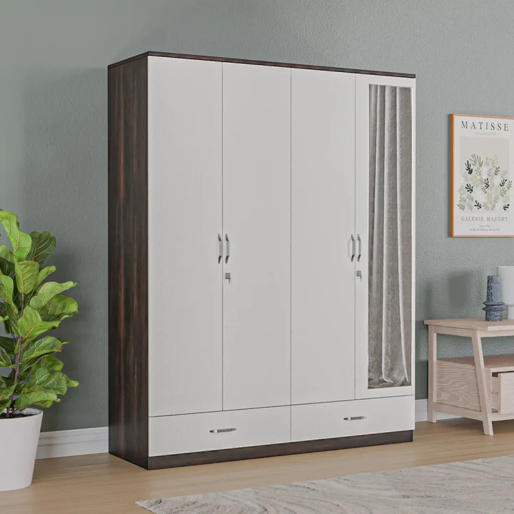 4 Door Wardrobe with Mirror - Modern Wooden Bedroom Almirah, product view 1