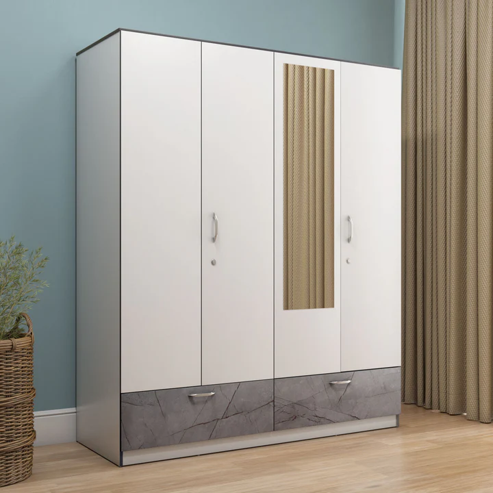 4 Door White Wardrobe with Mirror & Drawers - Modern Wooden Almirah, product view 1