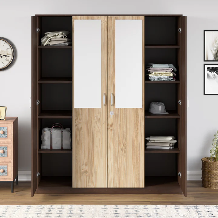 4 Door Wooden Wardrobe with Dual Mirror - Premium Storage Almirah, product view 1