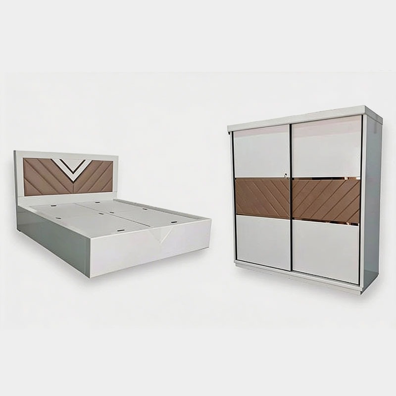 V-Stripe Modern Bedroom Set with Sliding Wardrobe & Storage Bed, product view 1