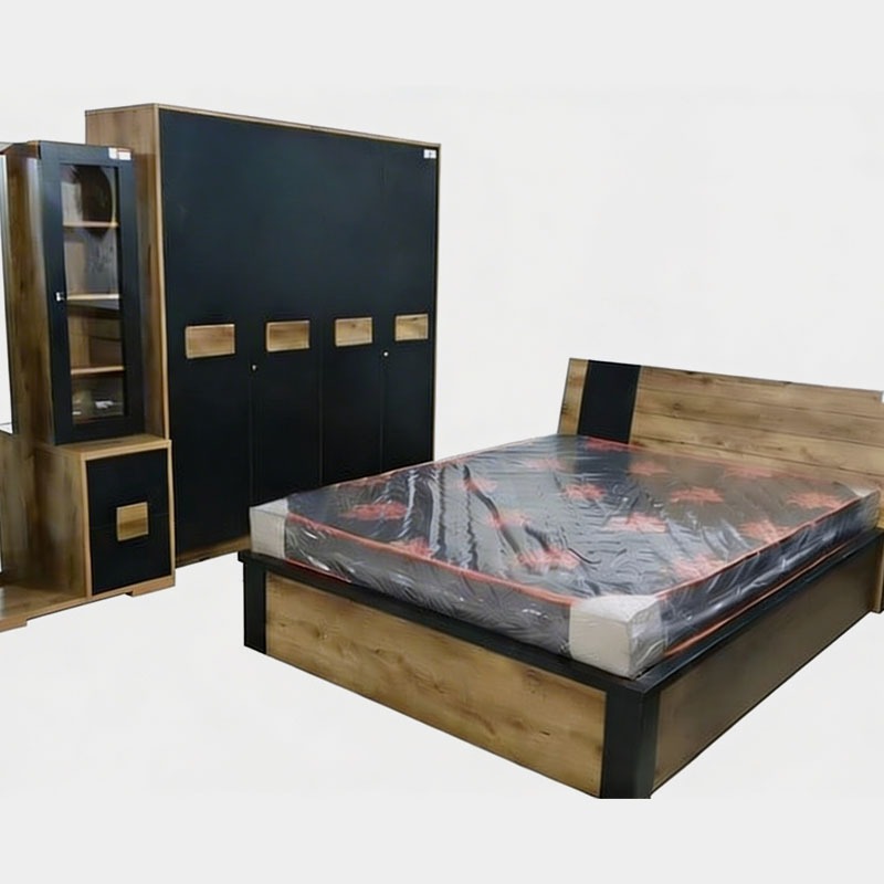 Premium Wood & Black Bedroom Set with 4 Door Wardrobe & Dressing Unit, product view 1