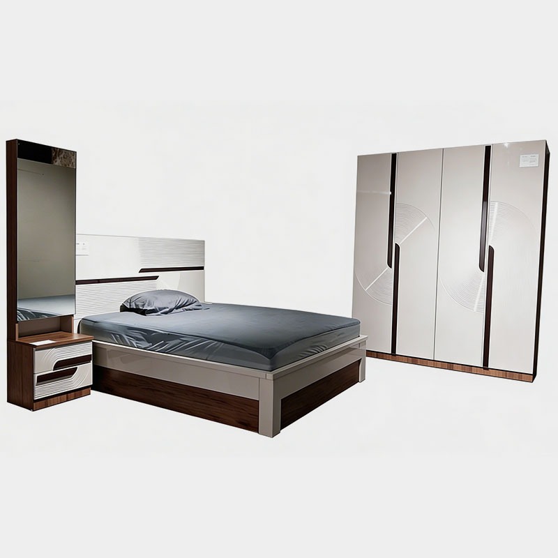 Modern White & Wood Bedroom Set with 4 Door Wardrobe & Dressing Table, product view 1