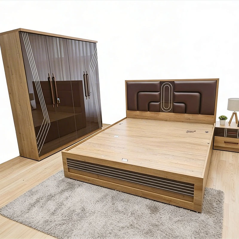 Premium Wooden Bedroom Set with Glossy Wardrobe & Upholstered Bed, product view 1