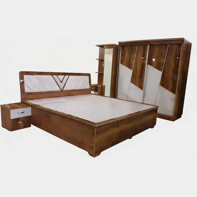 Premium Wooden Bedroom Set with V-Design Upholstered Bed & Sliding Wardrobe, product view 1