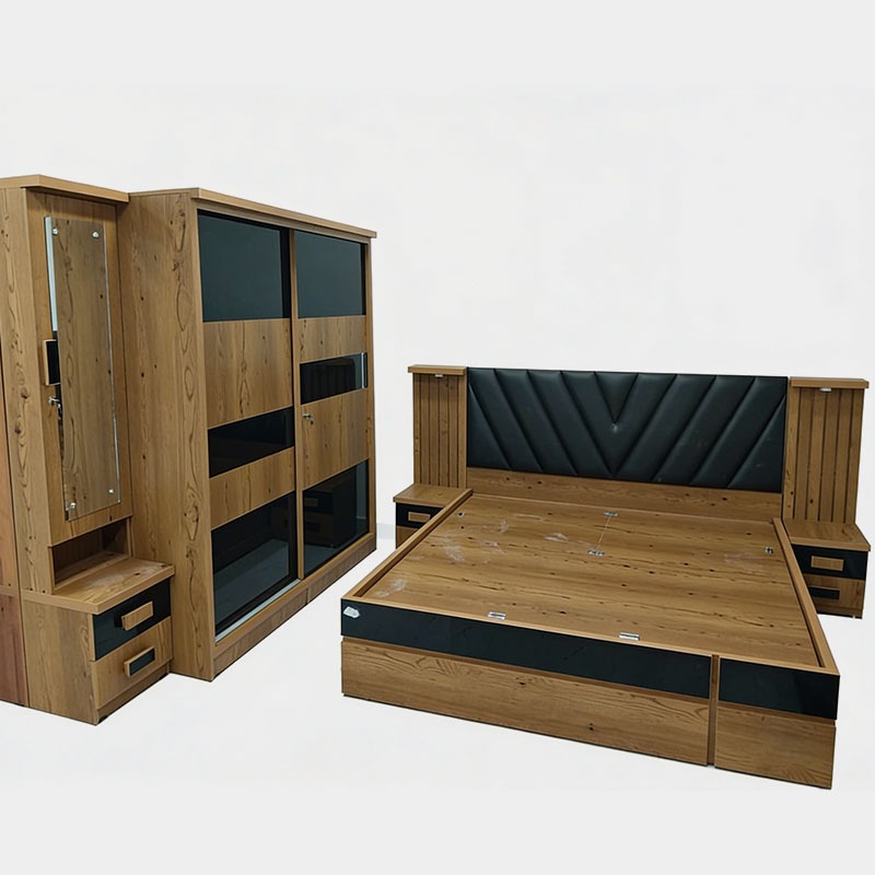 Designer Wooden Bedroom Set with Sliding Wardrobe & Upholstered Bed, product view 1