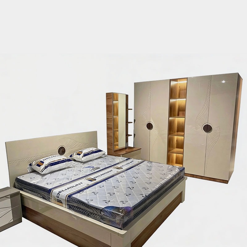 Luxury Cream Gloss Bedroom Set with Designer Wardrobe & Upholstered Bed, product view 1