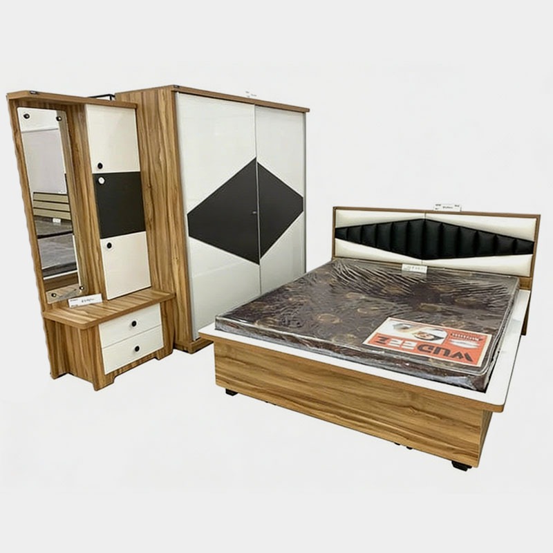 Modern Wood & White Bedroom Set with Diamond Design Wardrobe & Upholstered Bed, product view 1