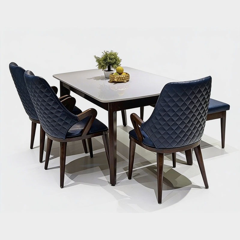 Modern 6 Seater Dining Table Set with Quilted Upholstered Chairs, product view 1