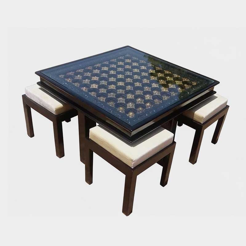 Designer Wooden Center Table with Glass Top & Cushioned Stools, product view 1