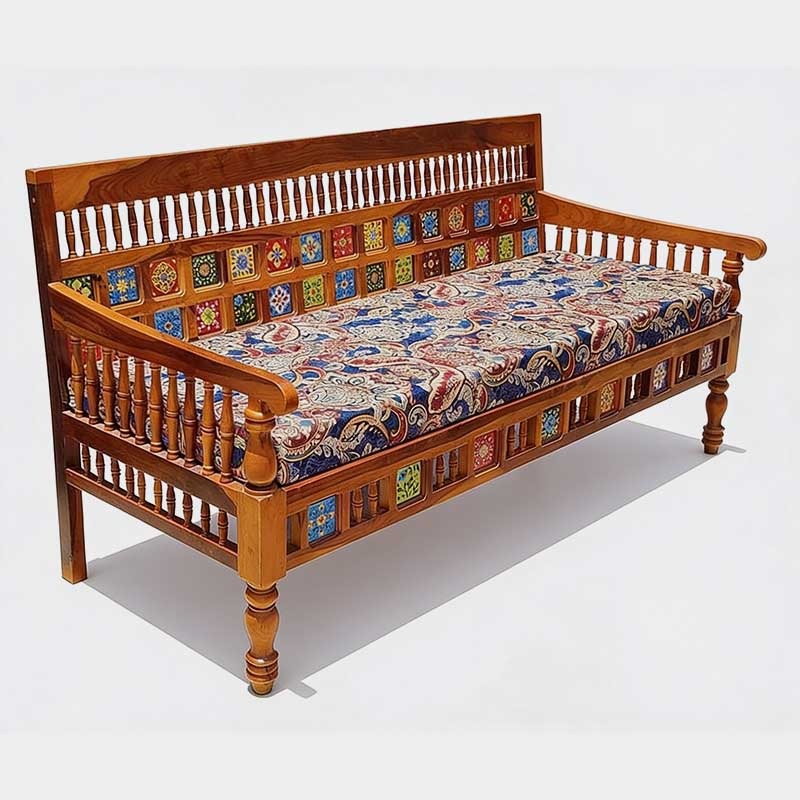 Designer Wooden Daybed Sofa with Decorative Tile Work, product view 1
