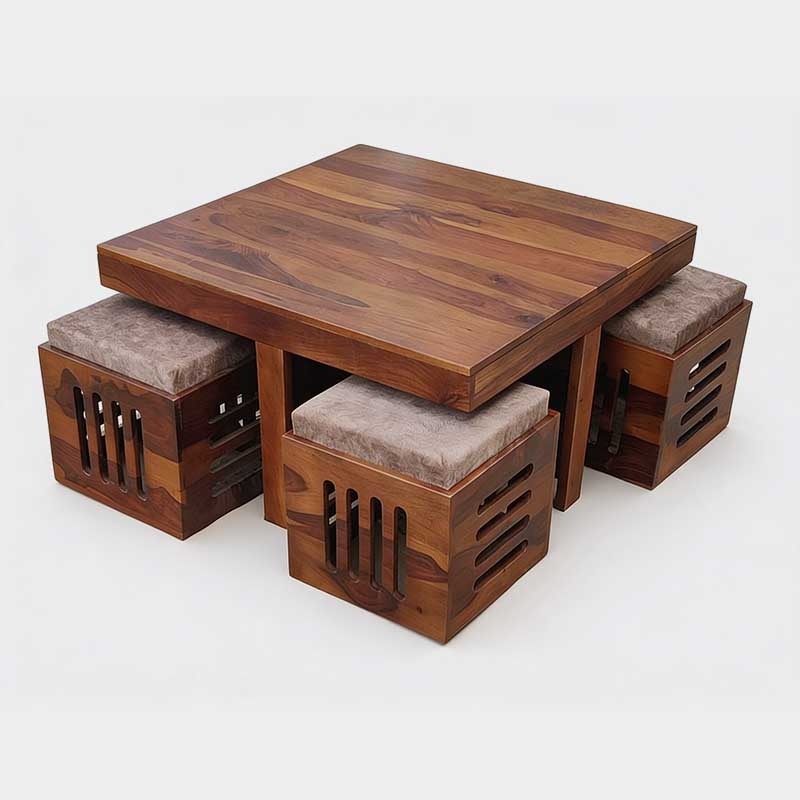 Modern Wooden Center Table with Hidden Cushioned Stools, product view 1