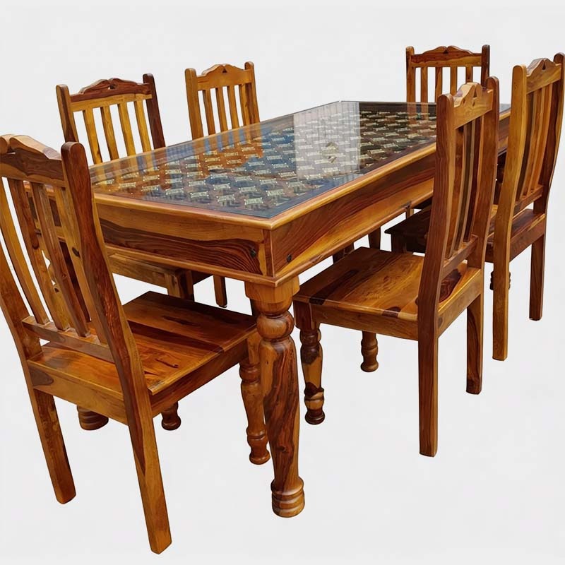 Solid Wood Antique Glass Top Dining Table Set – 6 Seater, product view 1