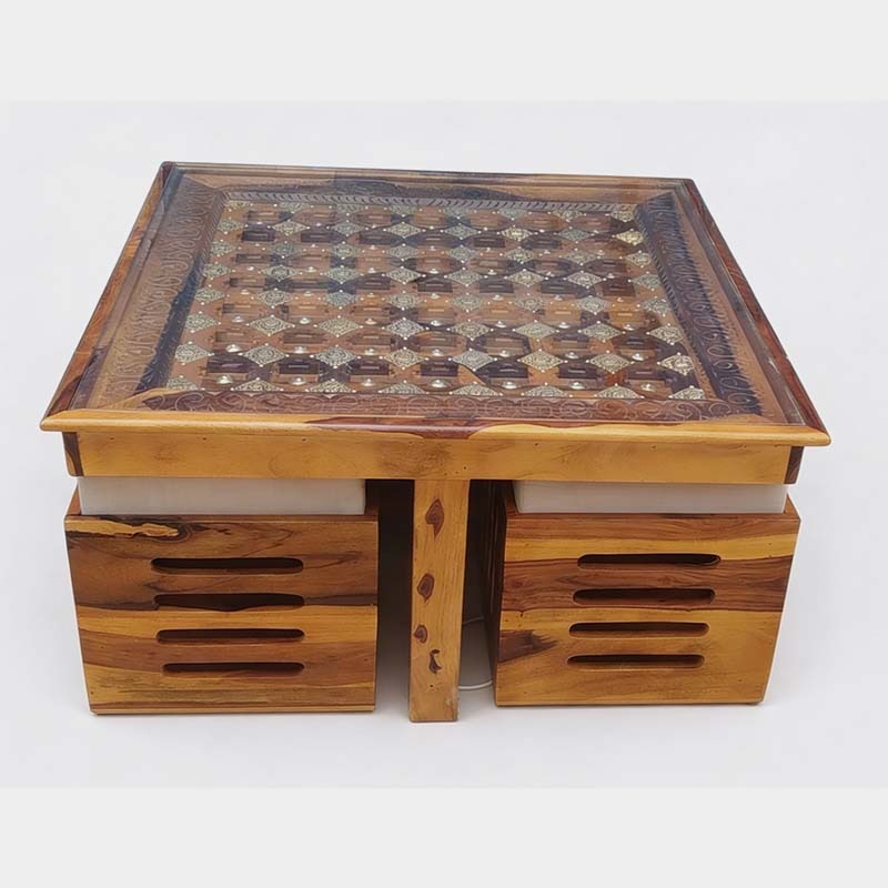 Antique Wooden Center Table with 4 Stools – Vintage Sheesham Furniture Set, product view 1