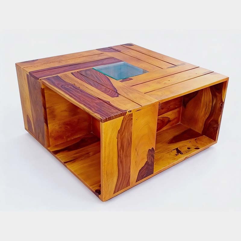 Antique Solid Wood Center Table with Glass Top – Vintage Coffee Table, product view 1